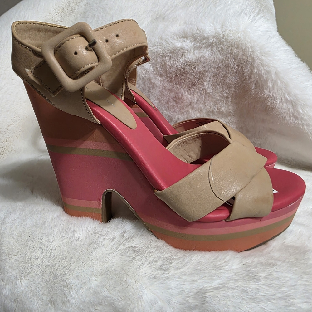 BCBG Beige and Coral Platform Wedge Sandals